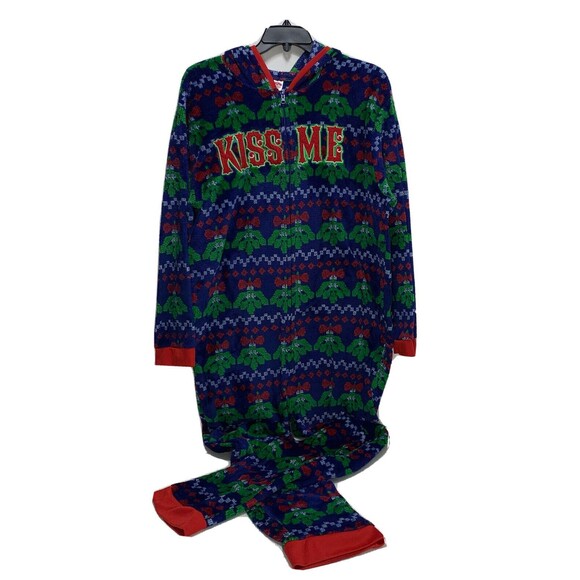 One Piece Kiss Me Christmas Mistletoe Drop Drawer Pajamas w/ Hood XXL Fuzzy - Picture 1 of 8